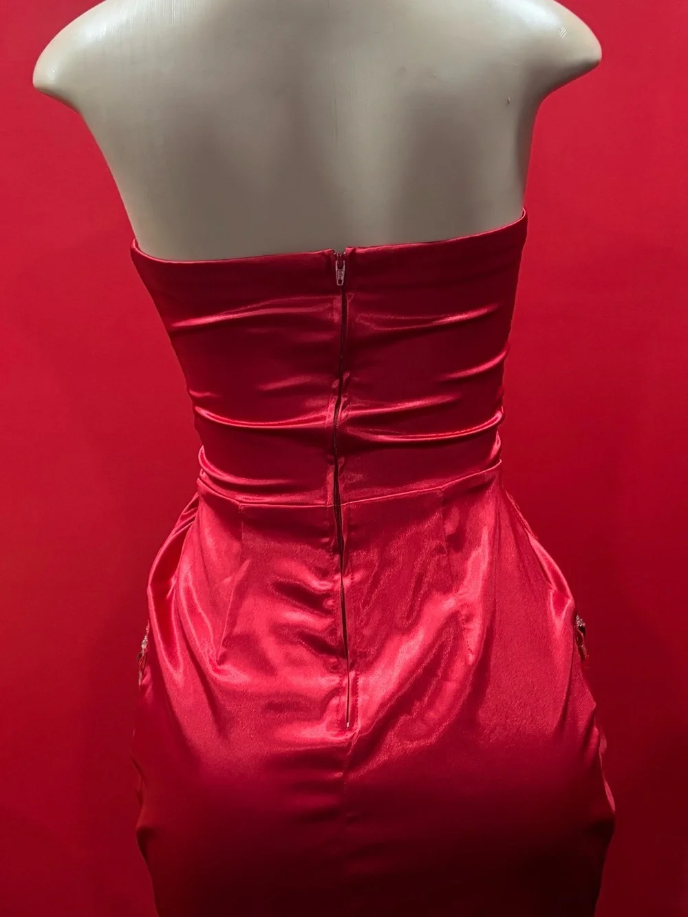 B Darlin Strapless Red Satin Cocktail Dress with Crystal Accents